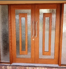 Double entry doors after: glossy golden stain